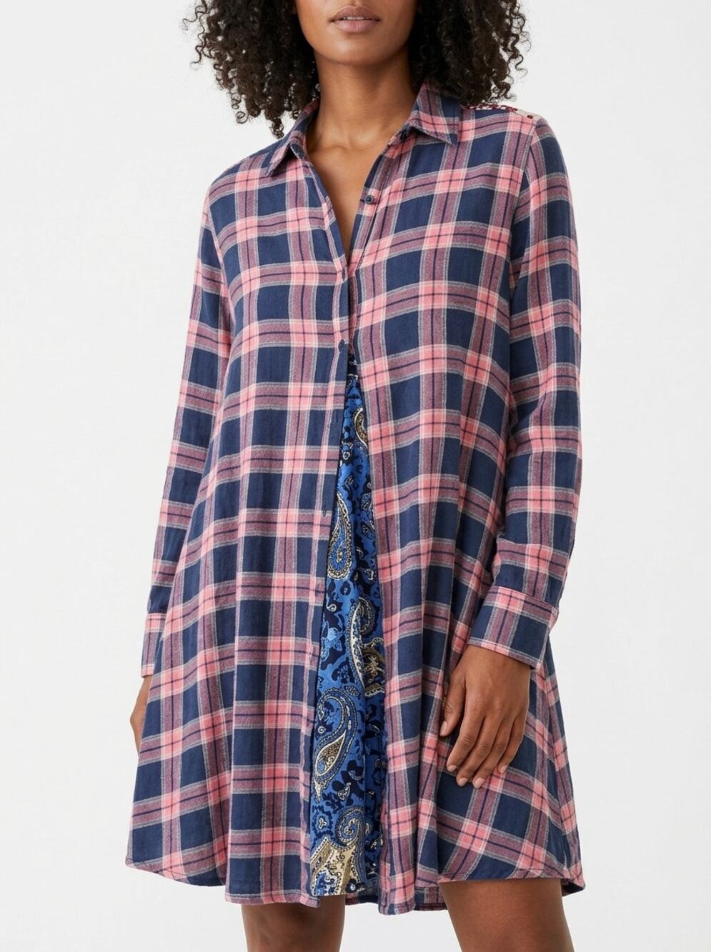 Aratta ED16K73 Plaid Mixed Velvet High-Low Shirt Dress Women Size XL